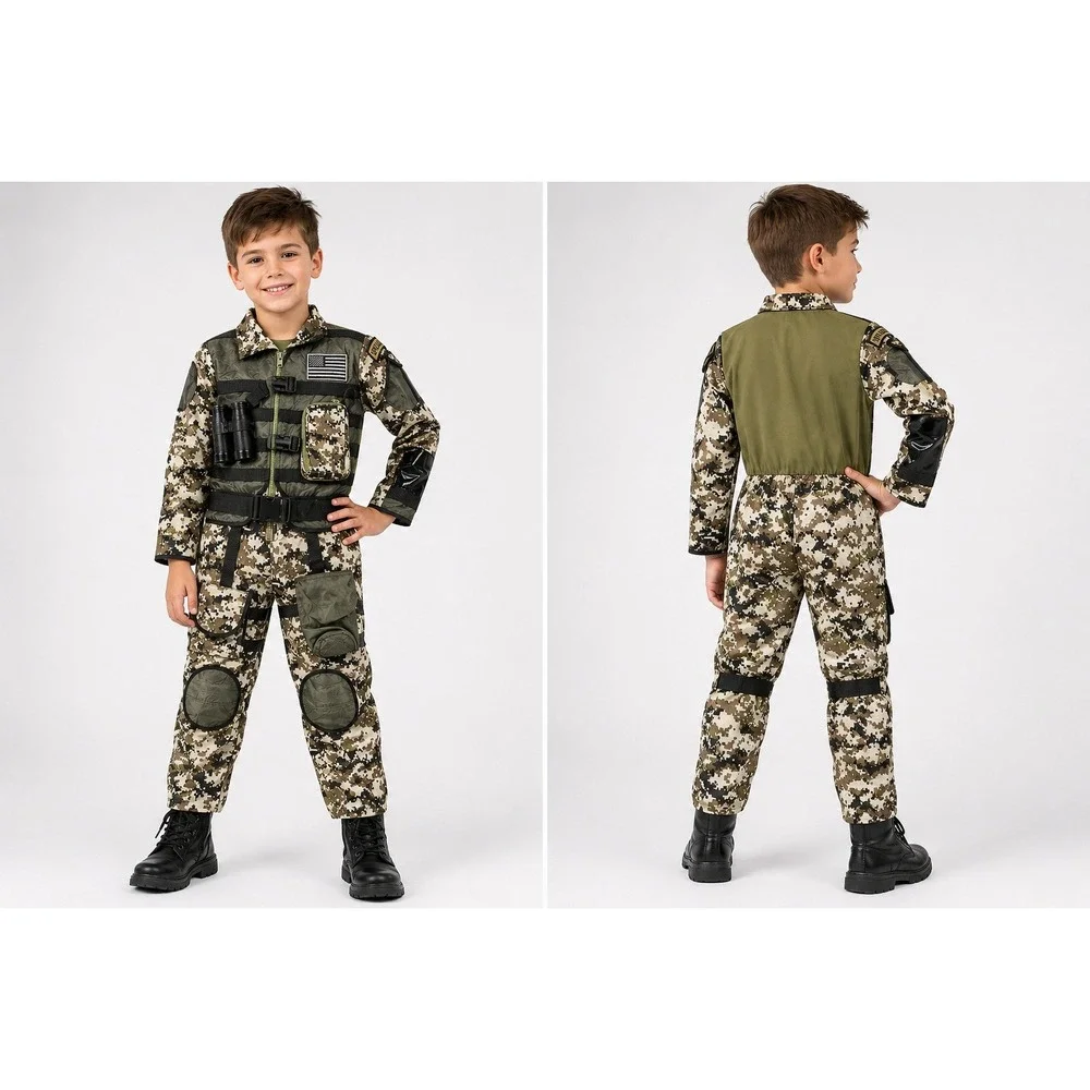 Teetot Special Forces Soldier Costume Kids Size 7-8 Digital Camo Jumpsuit Vest